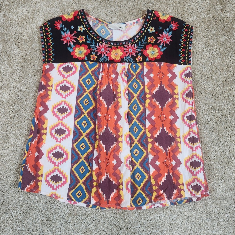 Savanna Jane Top Sleeveless Floral Embroidered Geometric Boho Mixed Print M